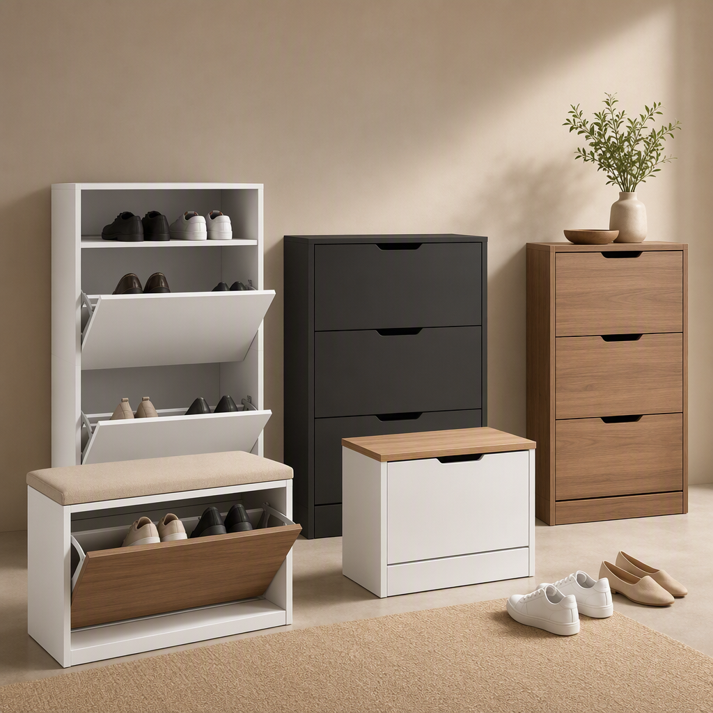 Schuhschränke, Schuhkipper und Schuhbänke in Weiß, Nussbaum und Schwarz vor warmem Beige