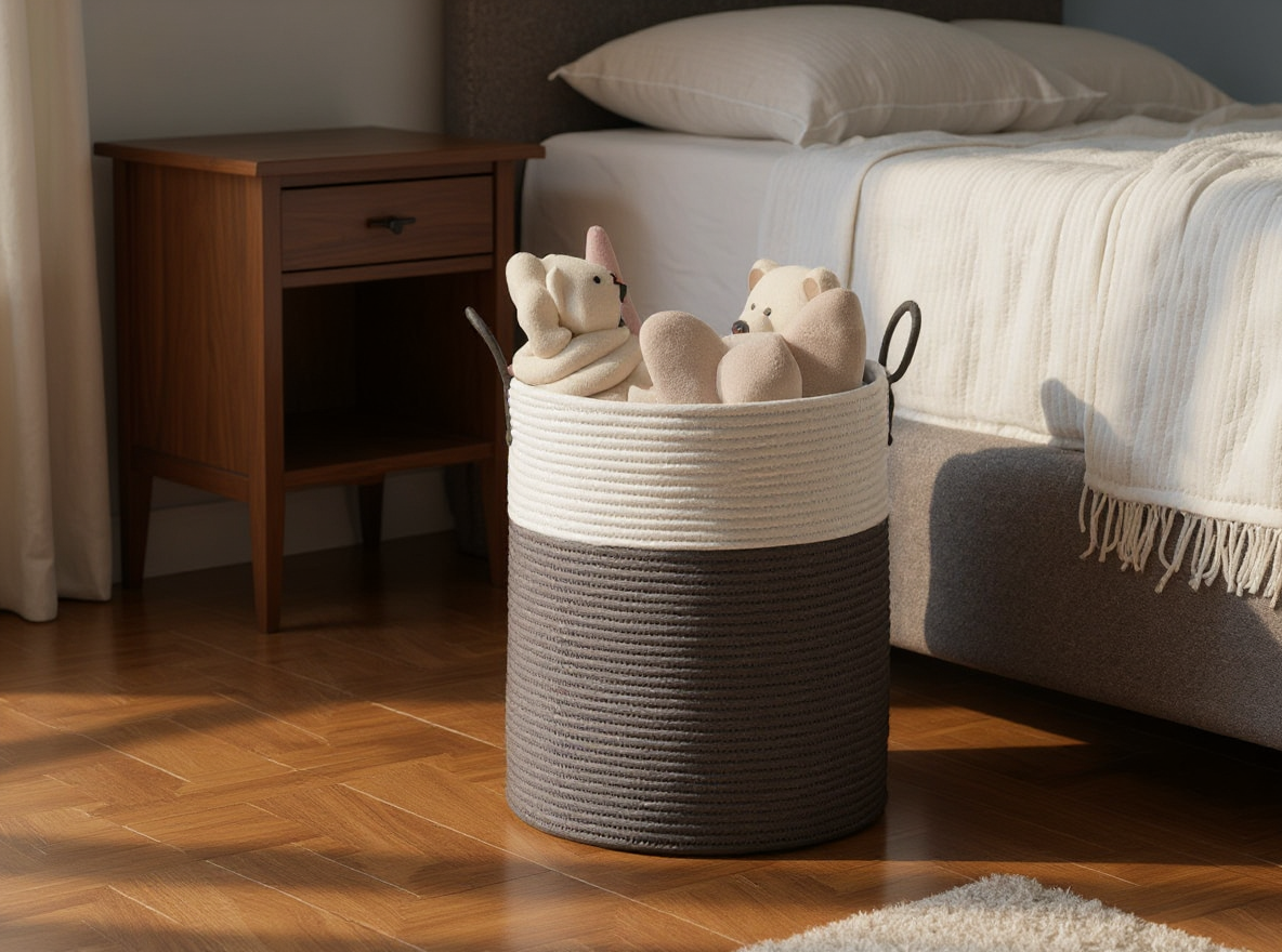 Runder Aufbewahrungskorb aus Baumwolle mit 38 cm Durchmesser sammelt eine Decke im Schlafzimmer neben dem Bett