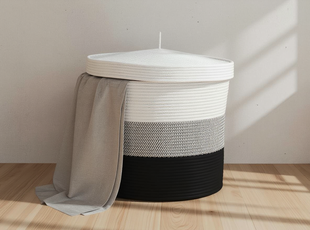 Aufbewahrungskorb 40 x 35 cm offen mit Decke und Handtuechern gefuellt
