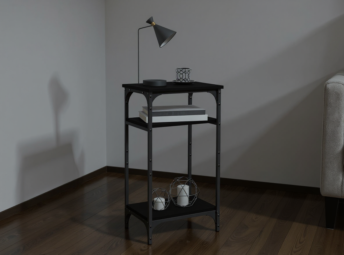 Schmaler Beistelltisch 40 x 30 cm in der Luecke neben dem Sofa, 75 cm hoch