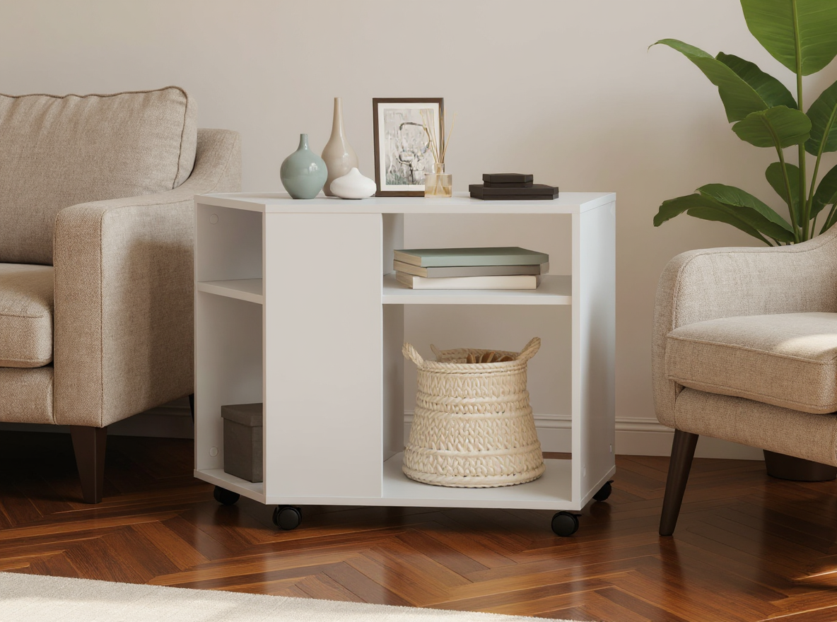 Beistelltisch 70 cm mit Rollen, an den Sessel geschoben, 4 drehbare Rollen