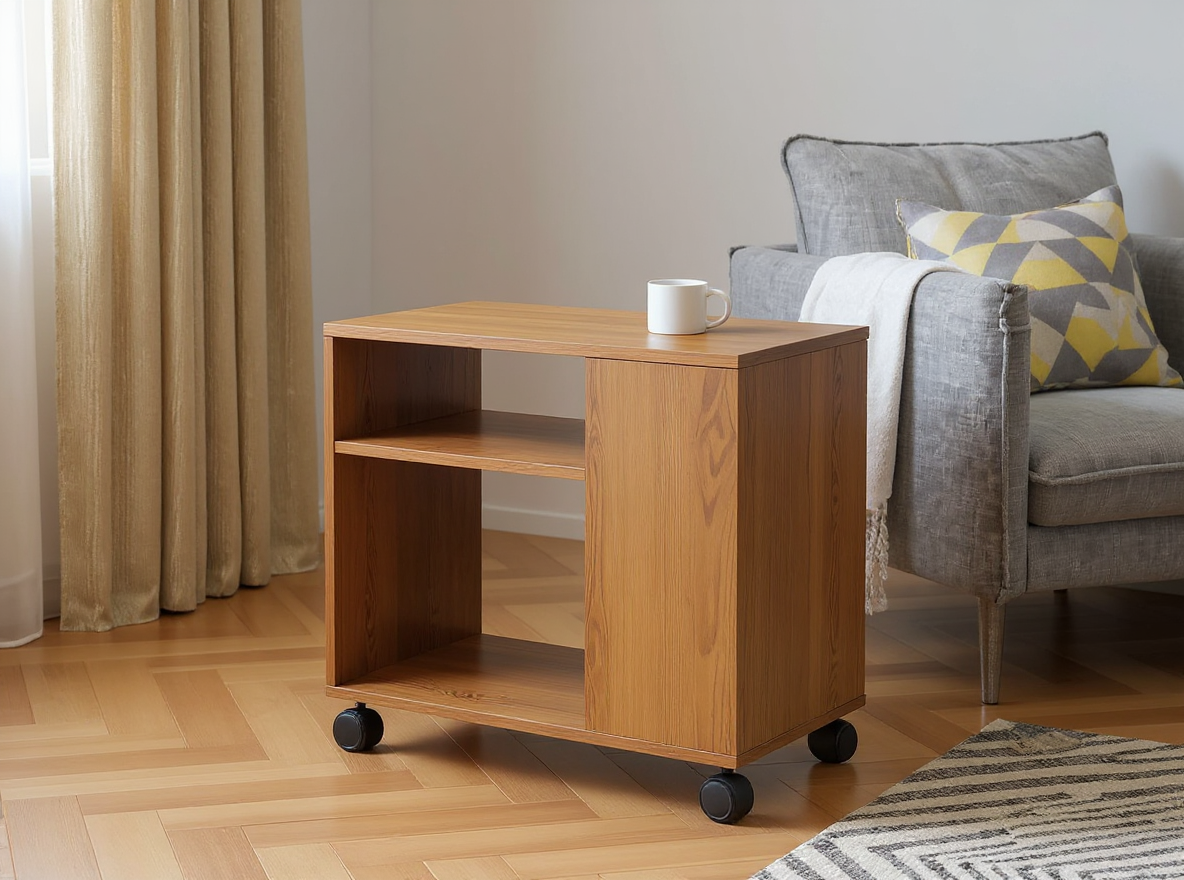 Beistelltisch 70 cm Sonoma Eiche auf Rollen, neben das Leinensofa gerollt