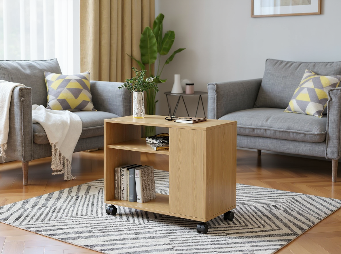 Beistelltisch 70 cm Sonoma Eiche auf Rollen mit Zeitschriften und Fernbedienung