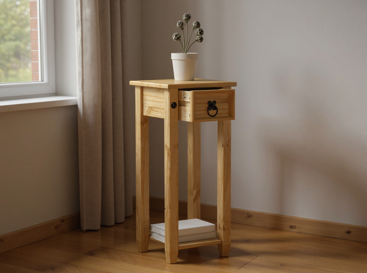 Blumenhocker 73 cm aus Kiefer massiv mit sichtbarer Maserung und Honigwachs-Finish am Fenster