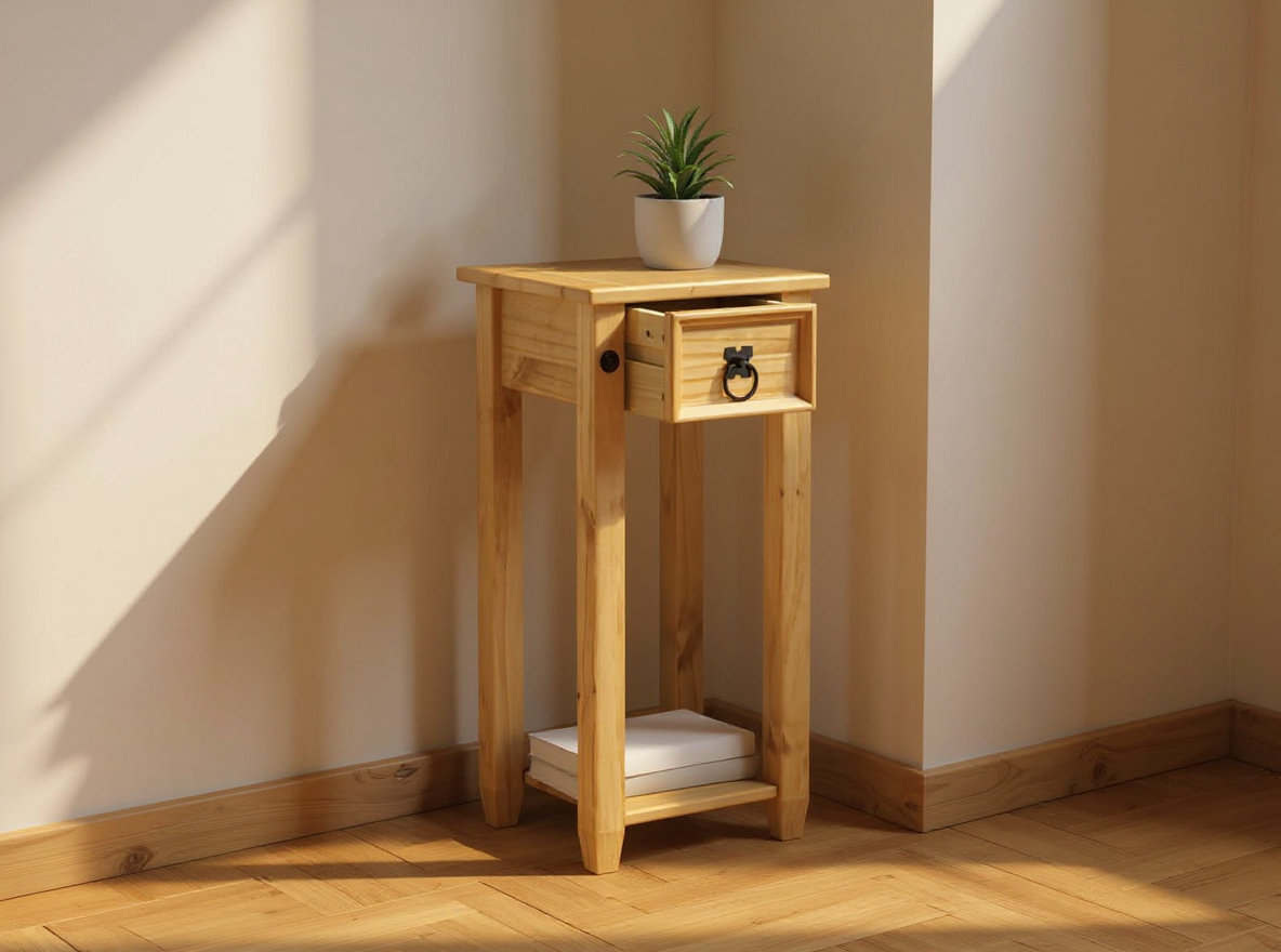 Blumenhocker 73 cm aus Kiefer massiv mit geöffneter Schublade und Metallgriff im Flur
