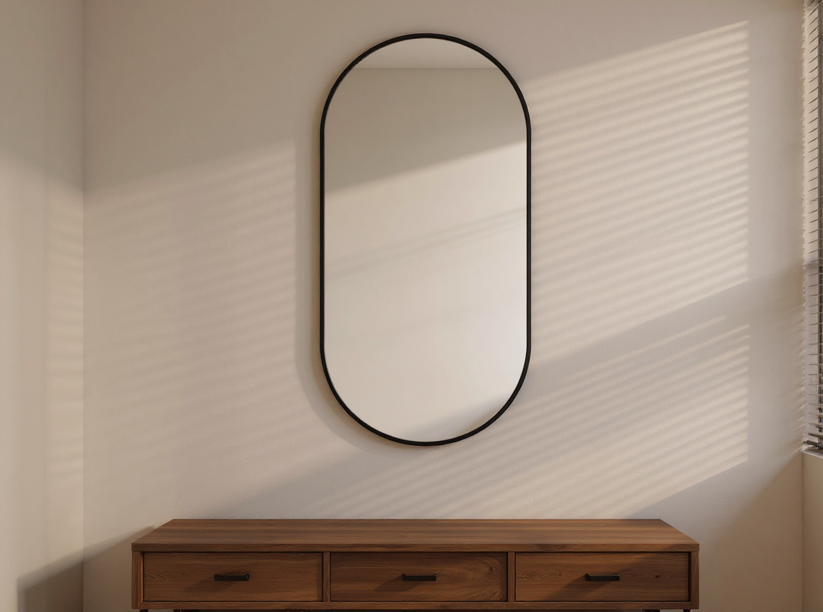Bogenspiegel 120 x 60 cm Schwarz Aluminium quer ueber der Kommode aufgehaengt