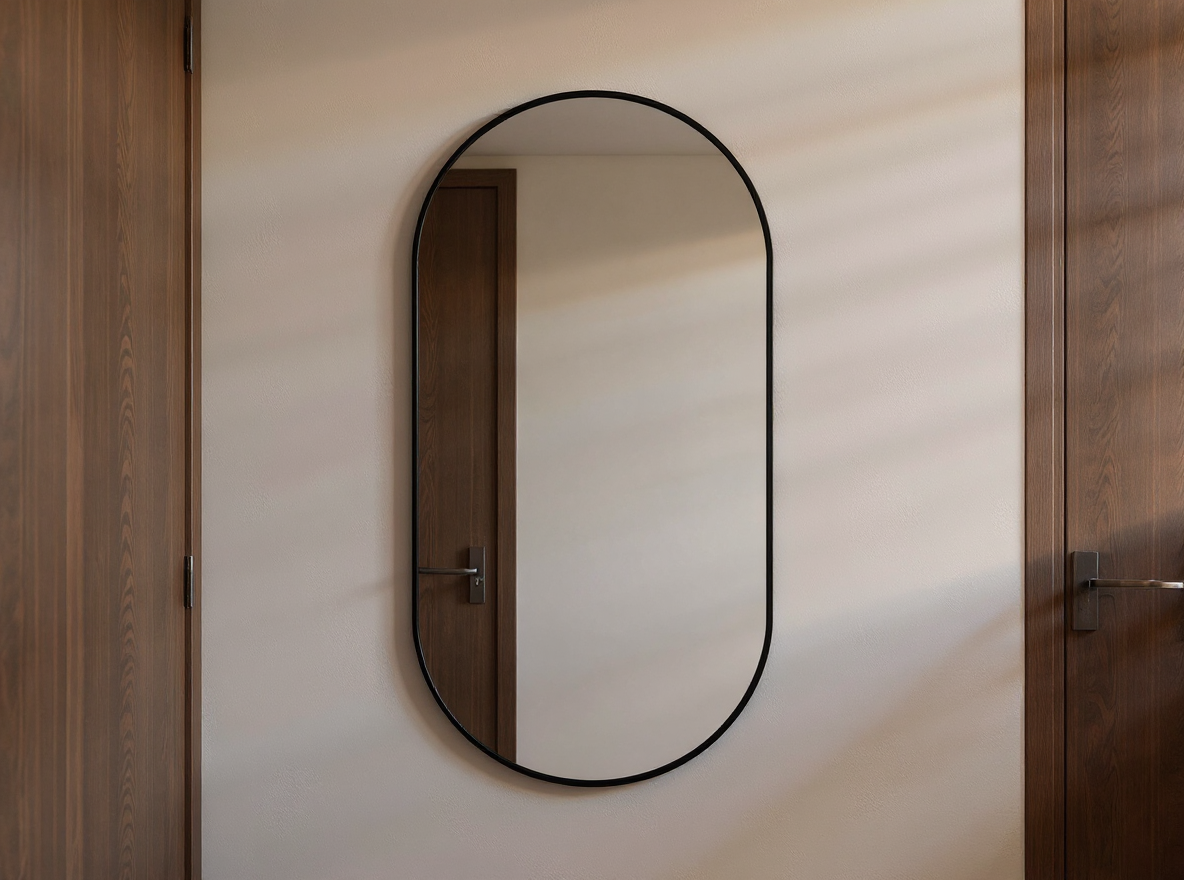 Bogenspiegel 120 x 60 cm Schwarz Aluminium in Schraegansicht im Flur, steht nur 2 cm von der Wand ab