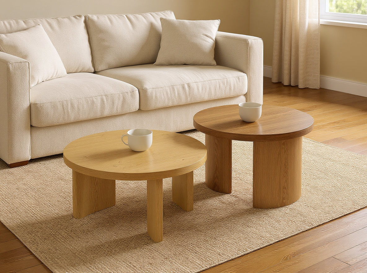 Couchtisch-Set 2-teilig in Natur, grosser Tisch 70 cm und kleiner Tisch 50 cm breit, versetzt vor dem Sofa