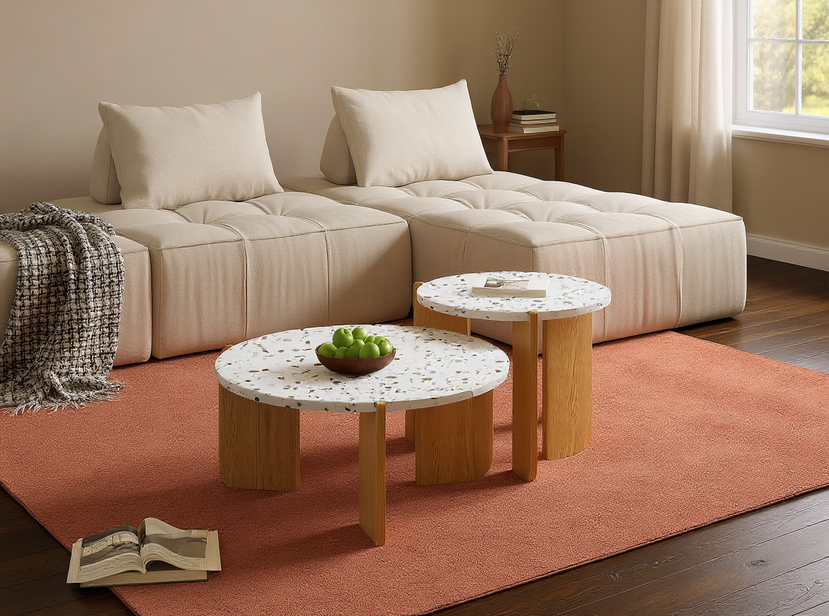 Couchtisch-Set aus MDF in Natur, 70 cm Tisch vor dem Sofa und 50 cm Tisch einzeln am Fenster