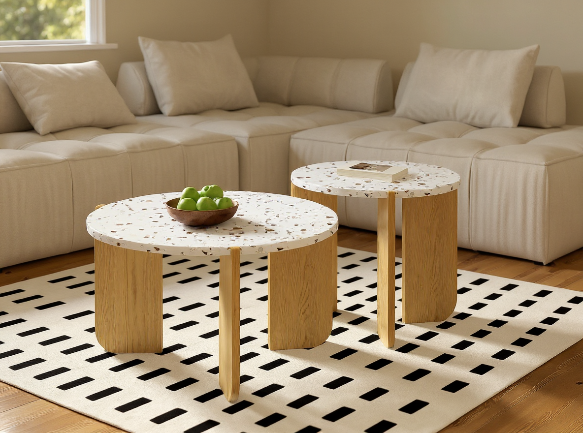 Couchtisch-Set 70 cm aus MDF in Natur mit Buechern beladen, standfeste Tischbeine auf dem Teppich
