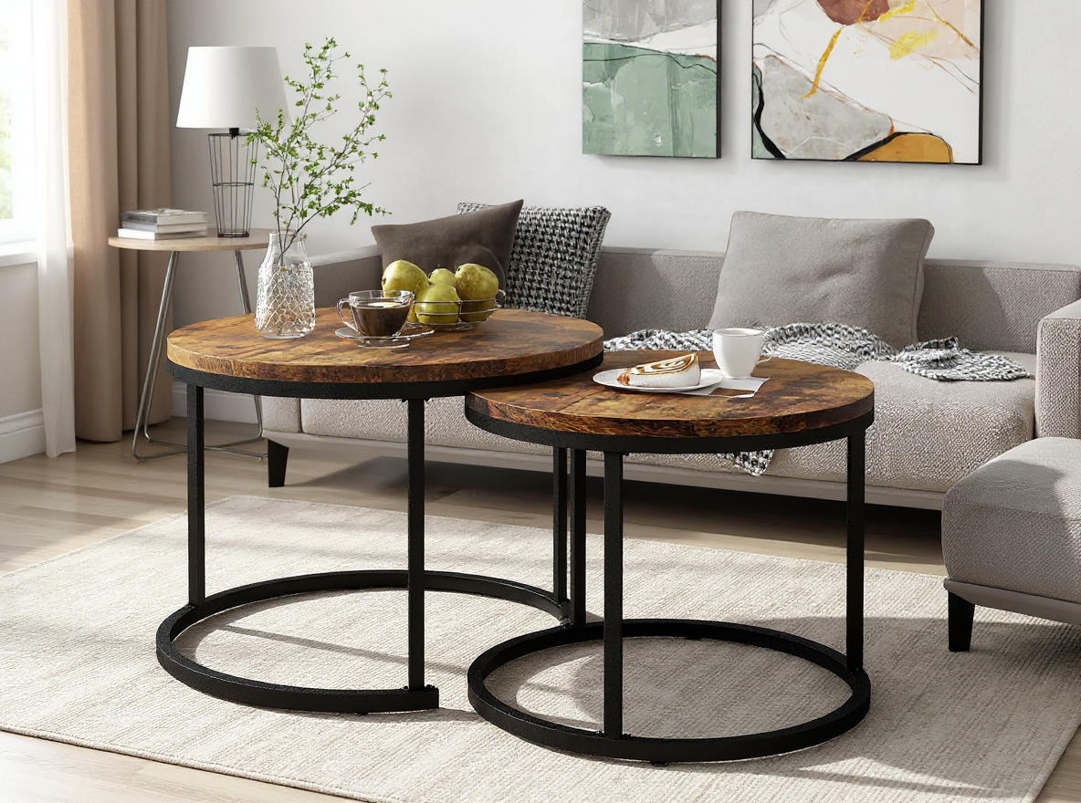 Rundes Couchtisch-Set 2-teilig in Braun, kleiner Tisch unter den grossen 50 x 70,5 cm geschoben