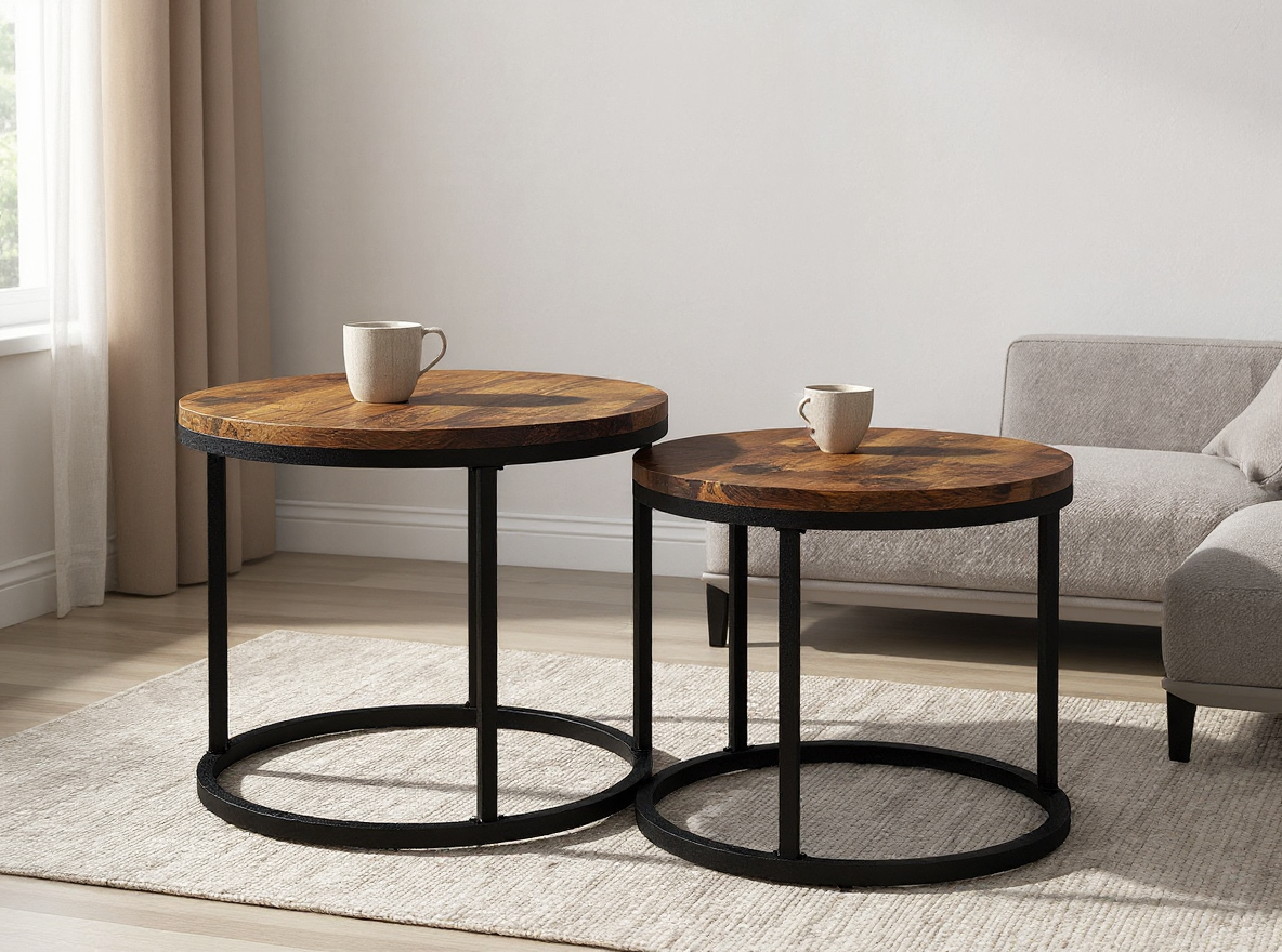 Metallgestell des runden Couchtisch-Sets 2-teilig in Braun, grosser Tisch 50 x 70,5 cm auf dem Teppich