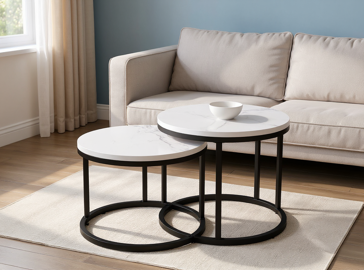Rundes Couchtisch-Set 2-teilig in Marmoroptik, kleiner Tisch unter dem grossen 50 x 70,5 cm