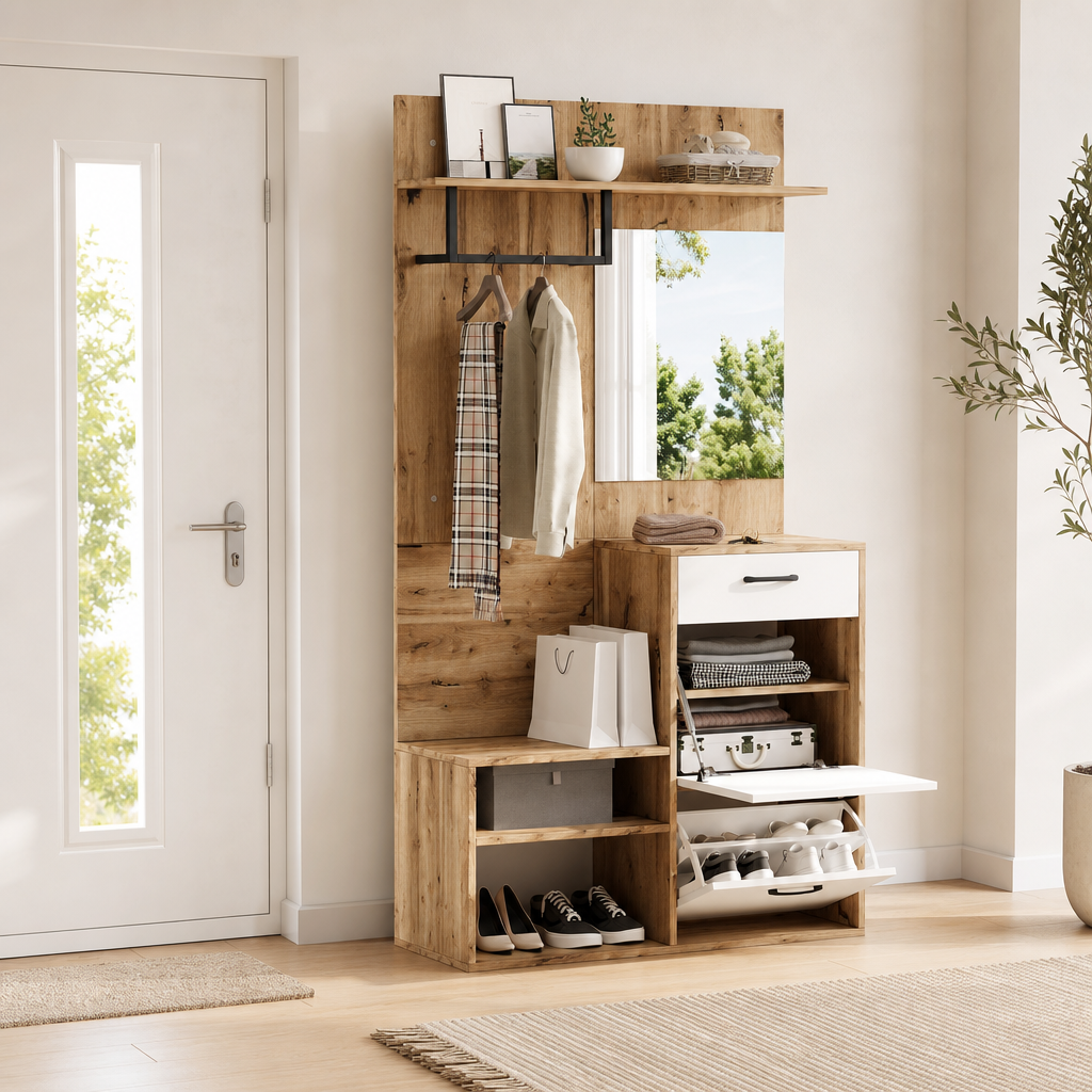 Garderobe 100 cm Weiß & Naturholz – Der letzte Blick vor der Tür