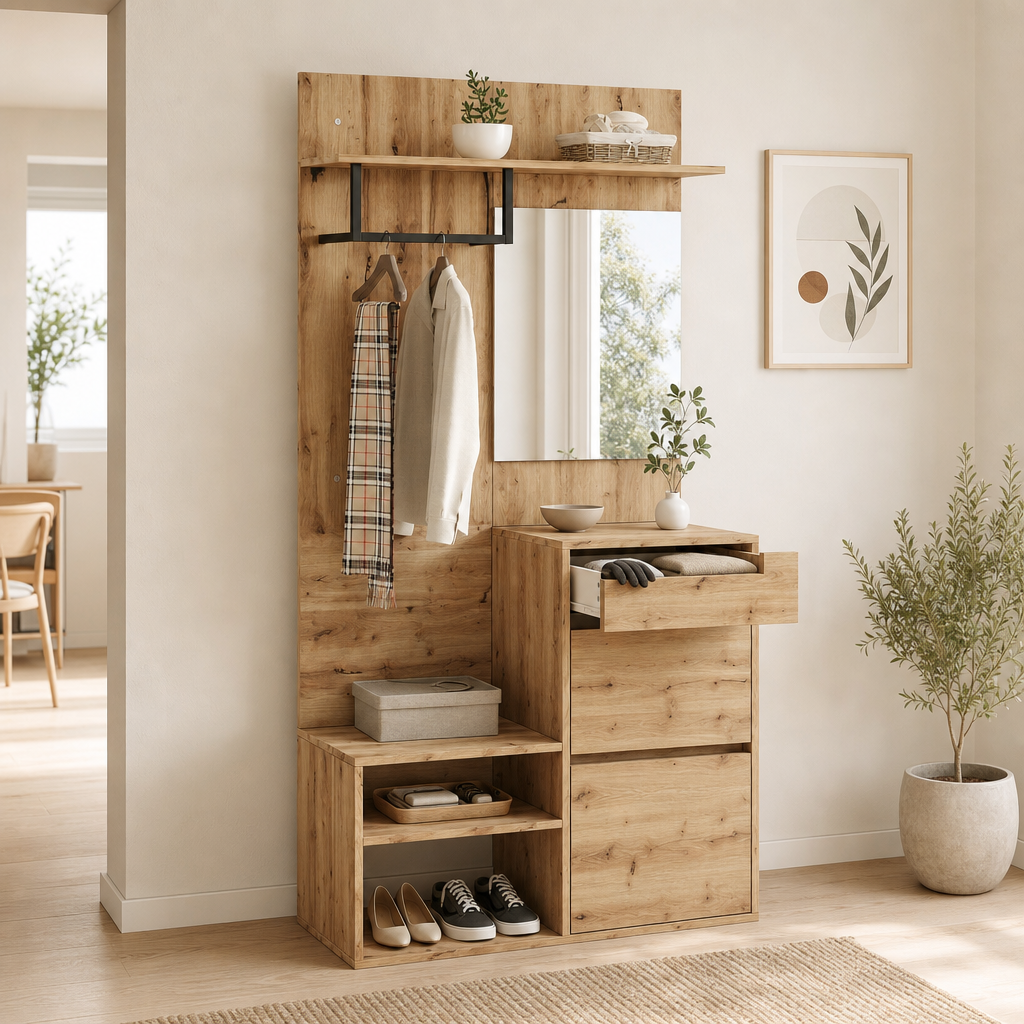 Garderobe 100 cm Weiß & Naturholz – Offen und geschlossen zugleich
