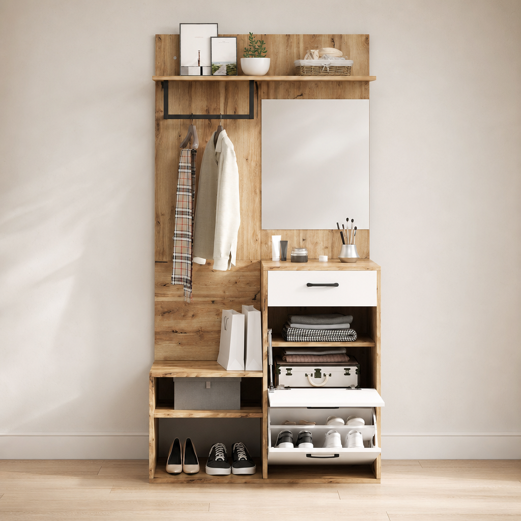 Garderobe 100 cm Weiß & Naturholz – Weiß mit Holz statt reinweiß