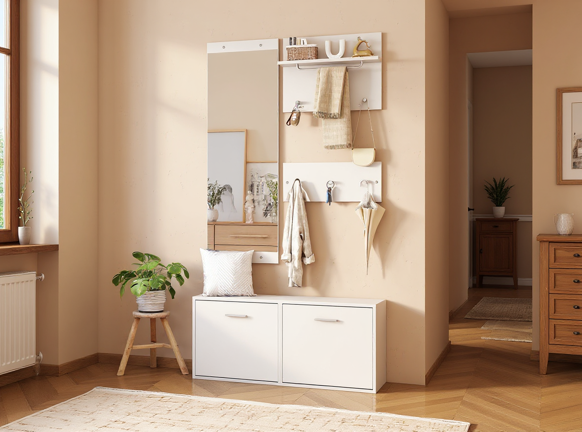 Garderobenset 90 cm in Weiß mit Spiegel und Schuhschrank komplett an einer Flurwand
