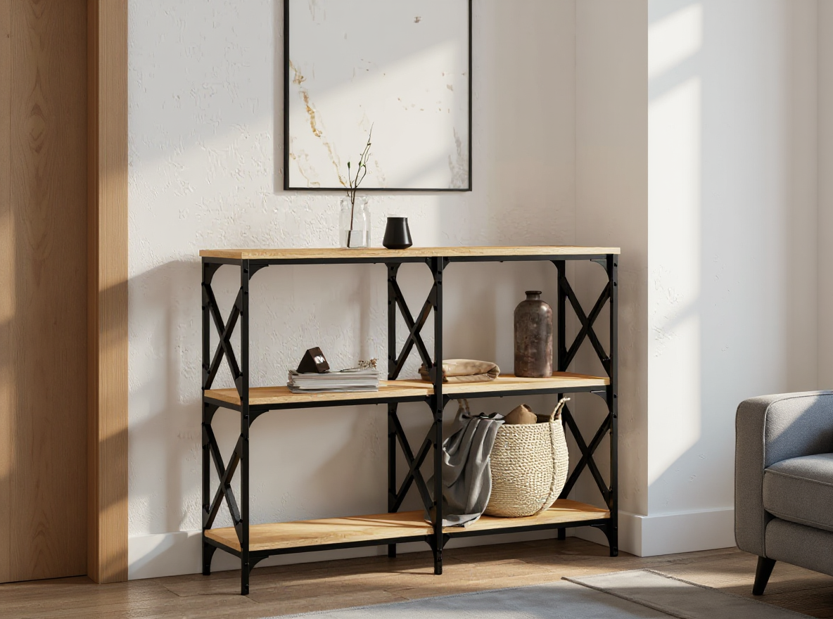 Konsolentisch 100 cm Sonoma Eiche Stahl mit Stahlrahmen unter der Platte hinter dem Sofa