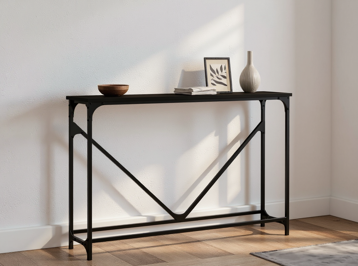 Konsolentisch 102 cm Schwarz Metall wandnah im Eingangsbereich, gegen Kippen gesichert