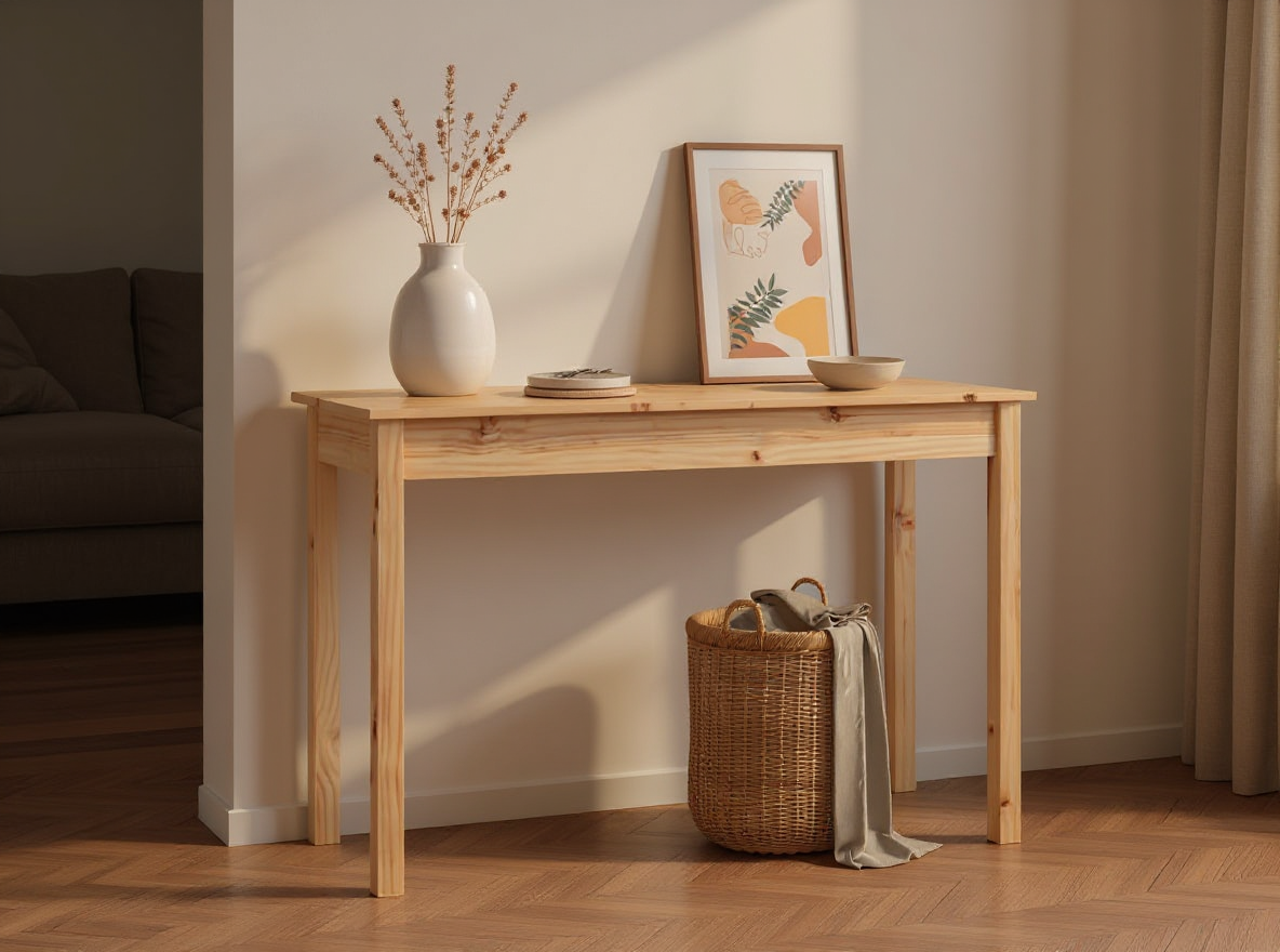 Konsolentisch 110 cm Kiefer massiv im Eingangsbereich mit Vase, Bilderrahmen und Schale
