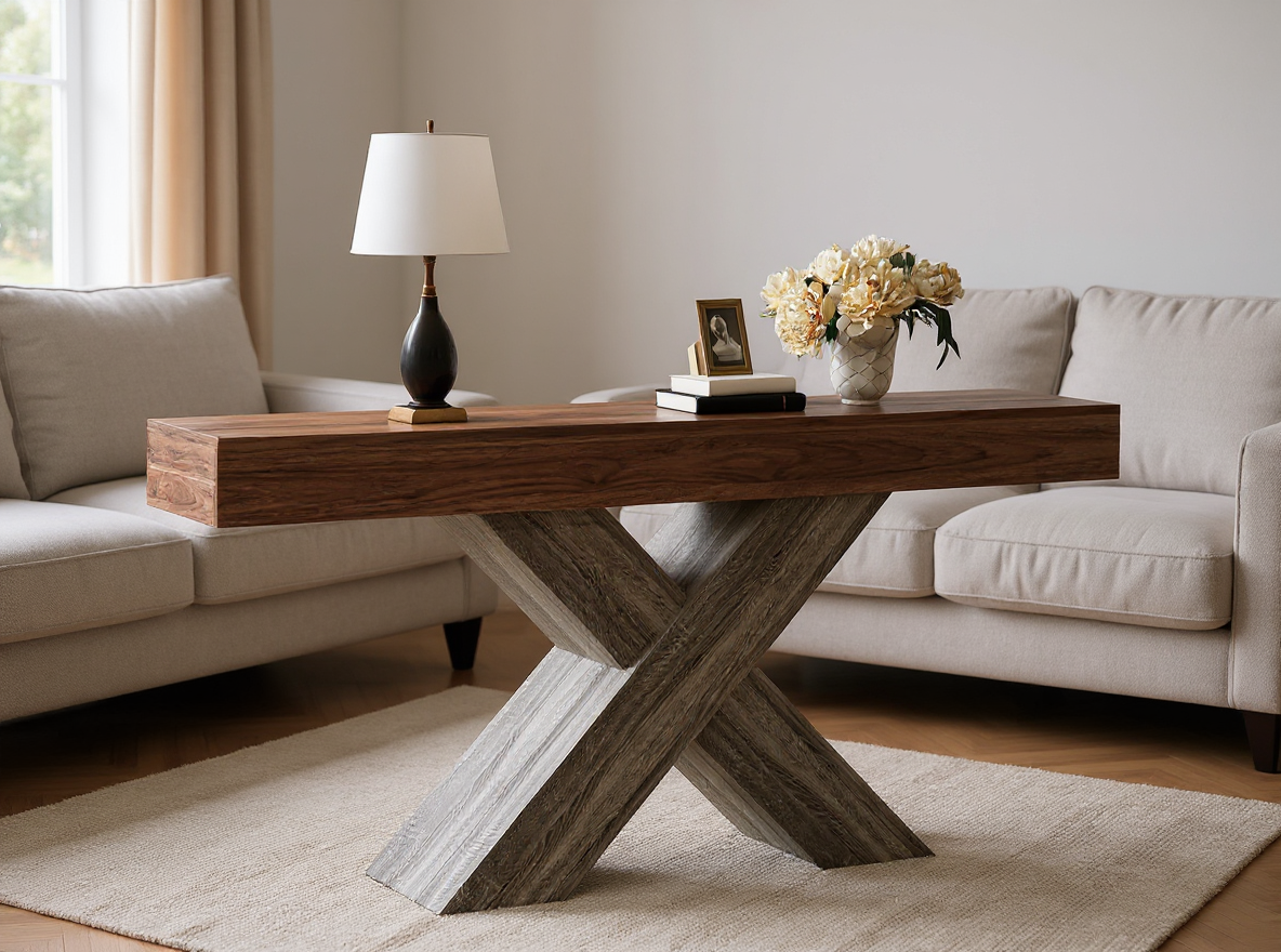 Konsolentisch 140 cm Nussbaum Holzoptik hinter dem Sofa mit Vase, Lampe und Bilderrahmen