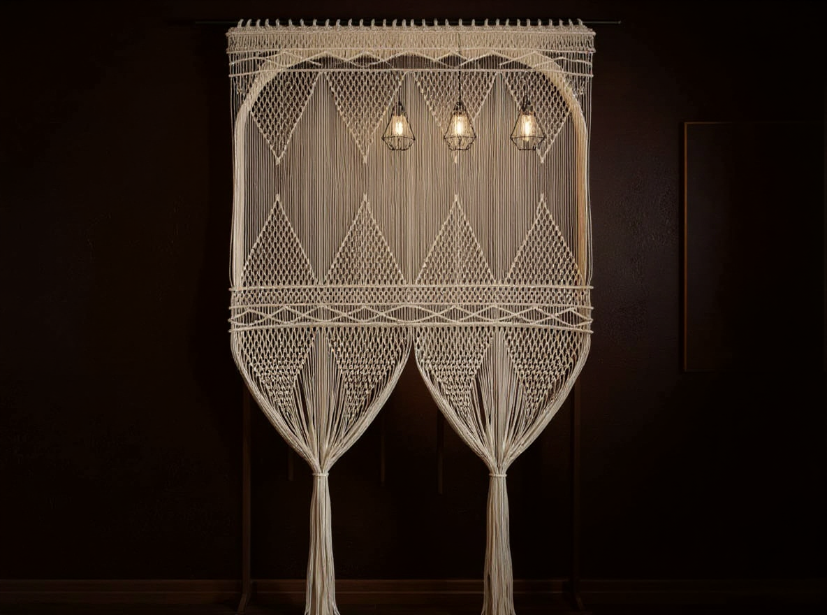 Makramee-Vorhang 140 × 240 cm Creme als luftige Sichtgrenze zwischen Küche und Essbereich