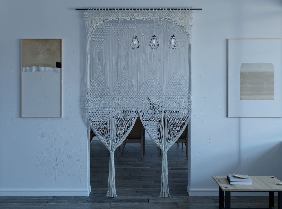 Makramee-Vorhang 140 × 240 cm Creme über den Stangendurchzug an einer Gardinenstange