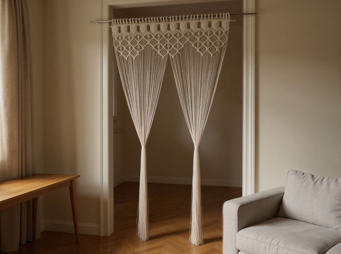 Makramee-Vorhang 140 × 240 cm Creme als lichtdurchlässiger Raumteiler