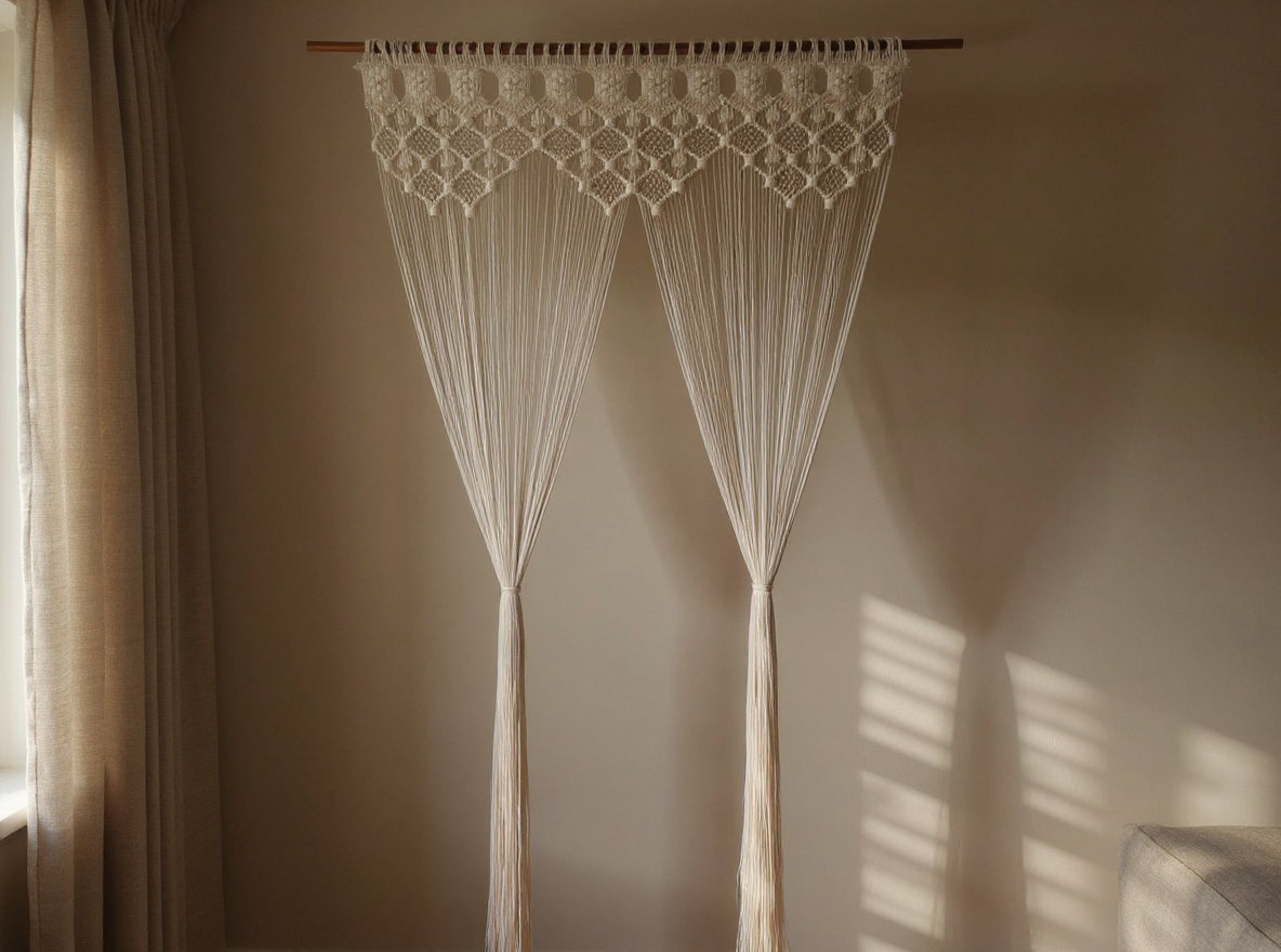 Makramee-Vorhang 140 × 240 cm Creme mit Stangendurchzug an der Gardinenstange