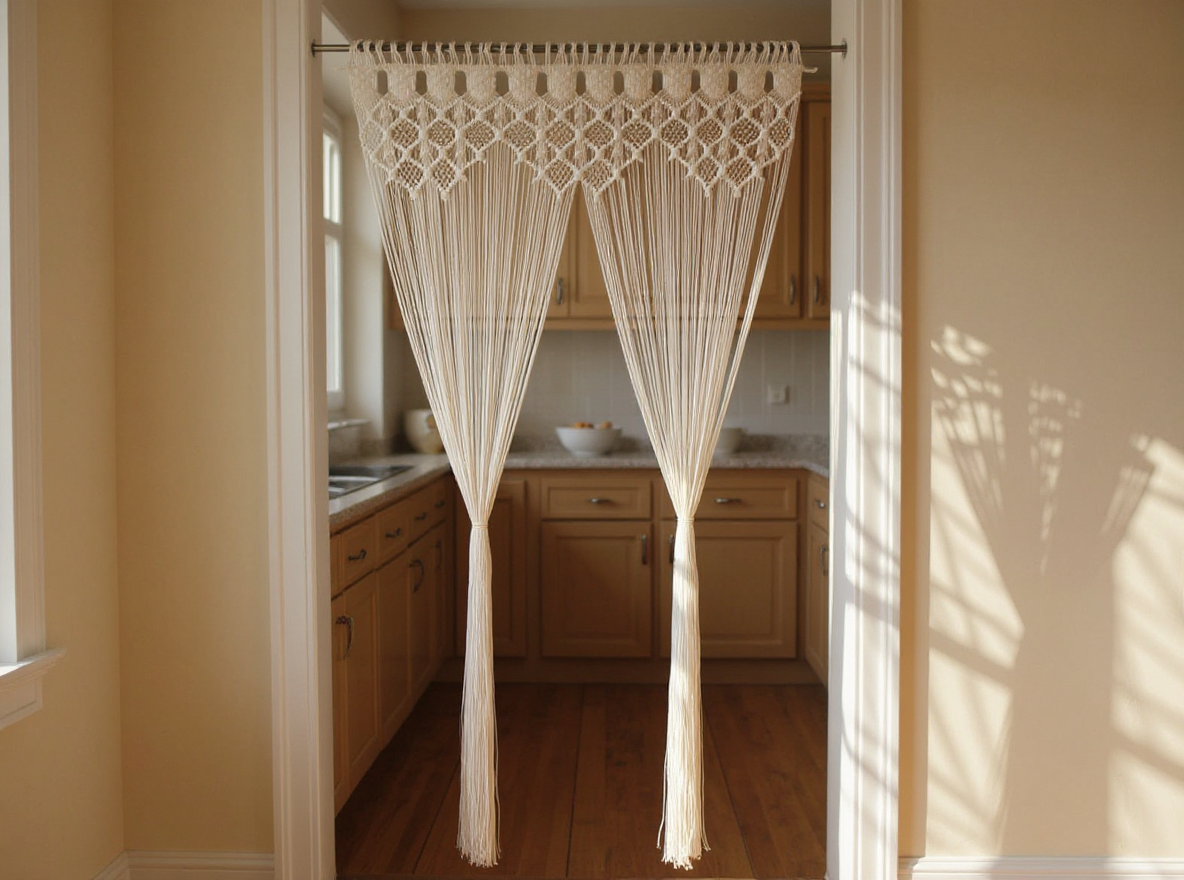 Makramee-Vorhang 140 × 240 cm Creme aus waschbarer Baumwolle im Küchendurchgang