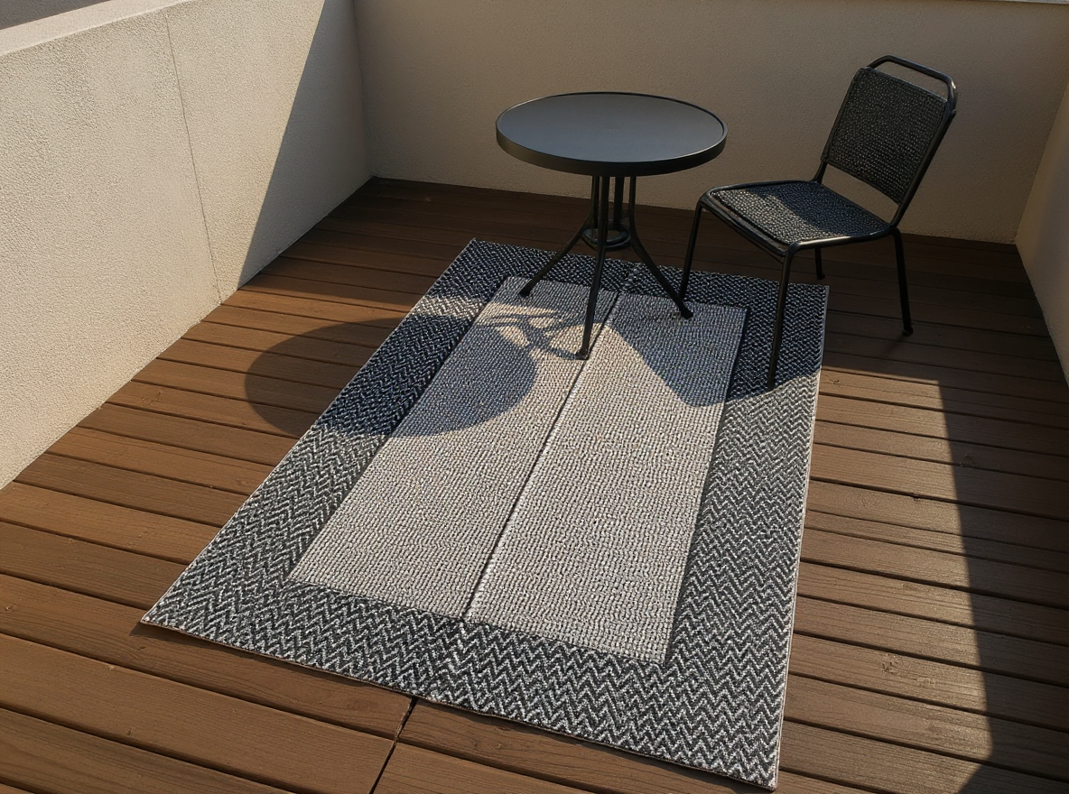 Outdoor-Teppich ARAKIL 190 x 290 cm eckig auf dem Balkon unter Bistrotisch