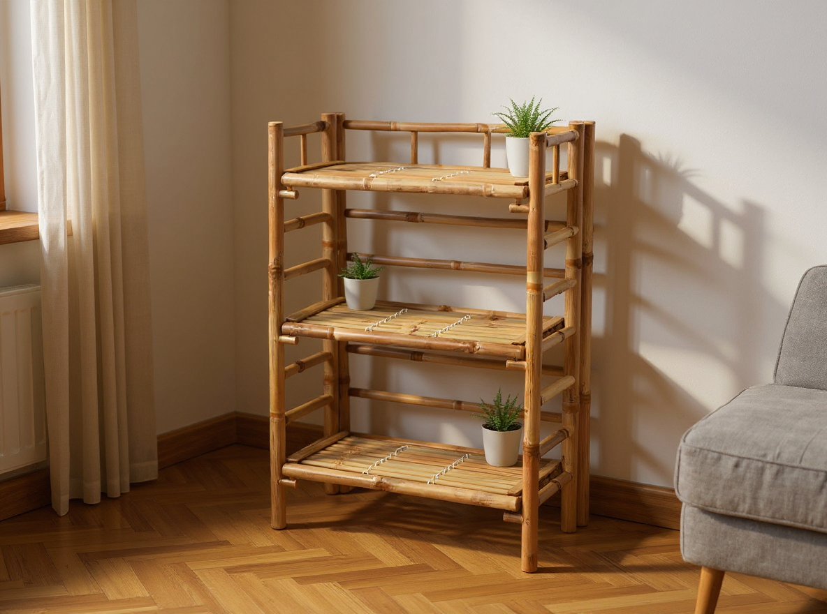 Pflanzenregal aus Bambus mit drei Ebenen, 56 x 30 x 85 cm, in der Zimmerecke