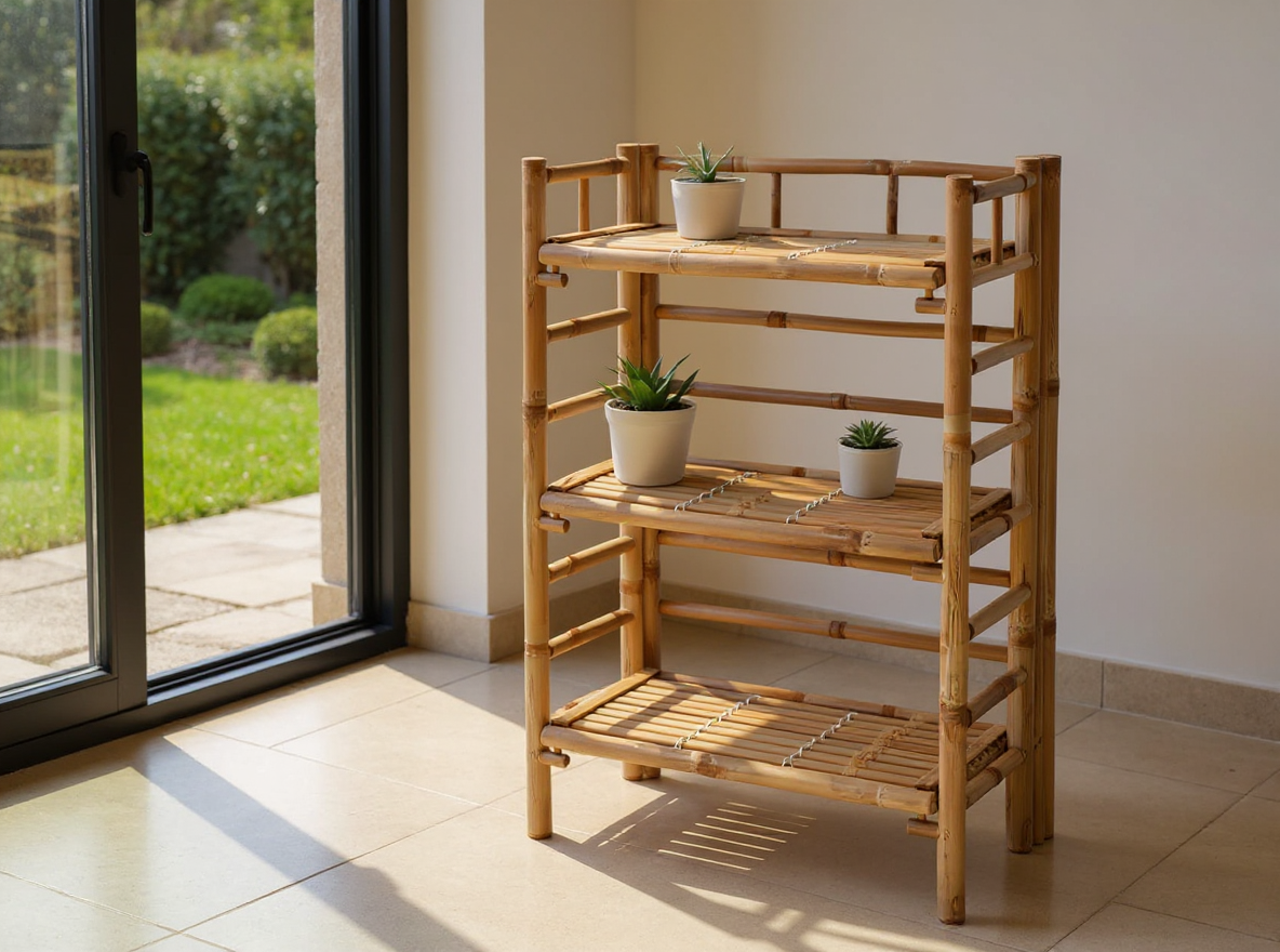 Pflanzenregal aus Bambus, 56 cm breit, drei Ebenen, an der offenen Terrassentuer