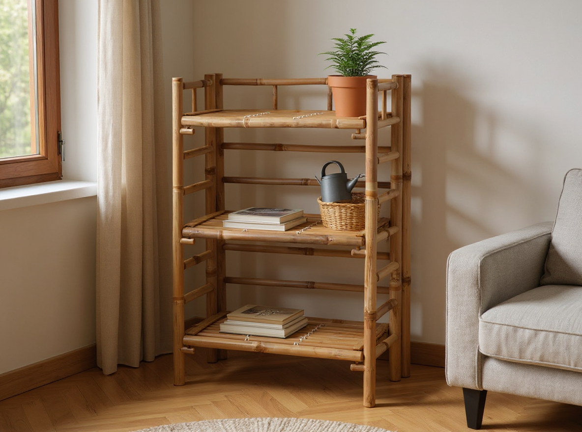 Pflanzenregal aus Bambus, 56 cm breit, drei Ebenen mit Buechern und Korb am Fenster