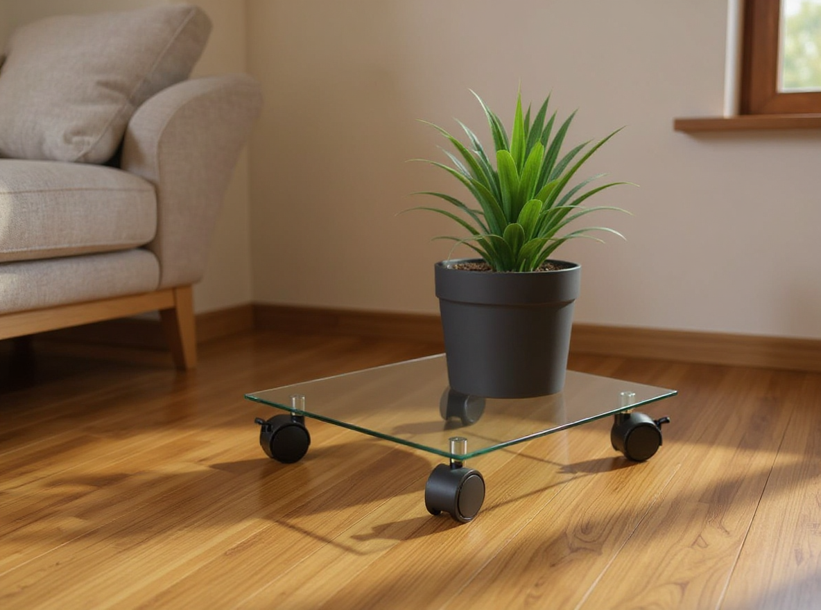 Pflanzenroller quadratisch 35 x 35 cm mit schwerem Topf auf Dielenboden geschoben