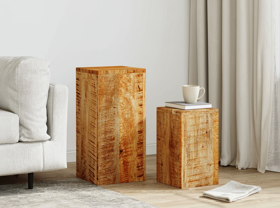 Pflanzenständer 2er-Set aus Mangoholz, 59 und 39 cm hoch, als Beistelltische neben dem Sofa