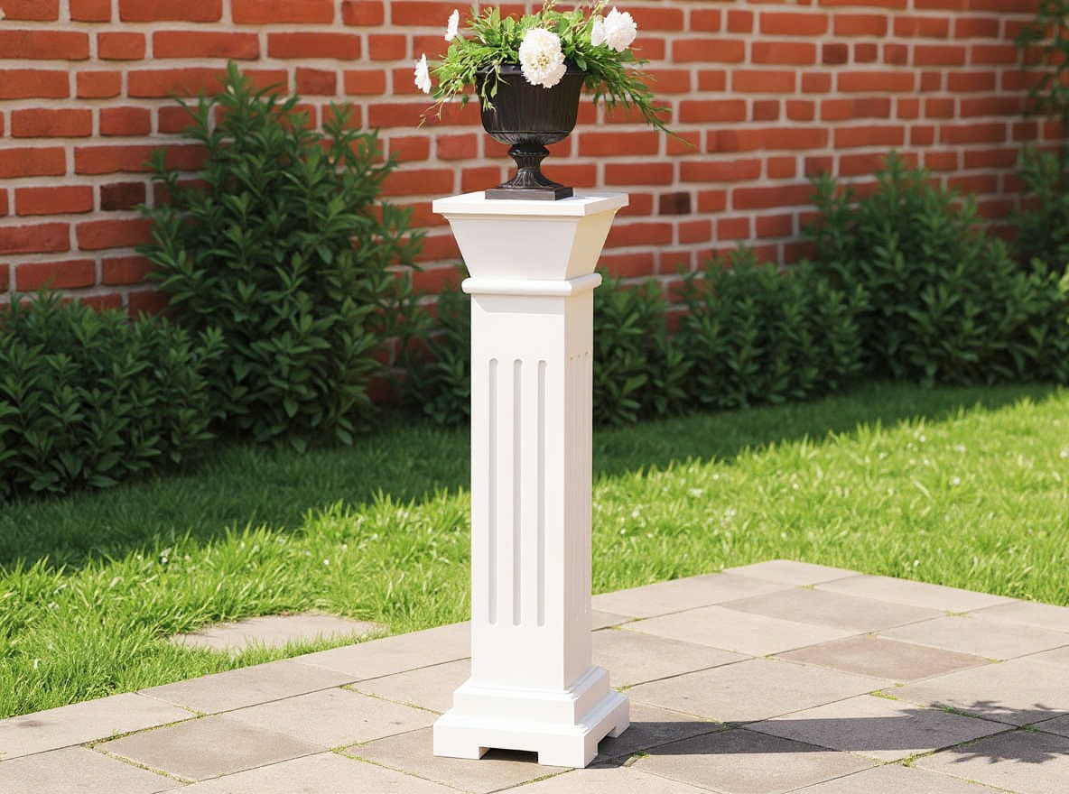 Pflanzenständer Säule 66 cm hoch Weiß aus MDF in der Wohnzimmerecke mit hängender Pflanze