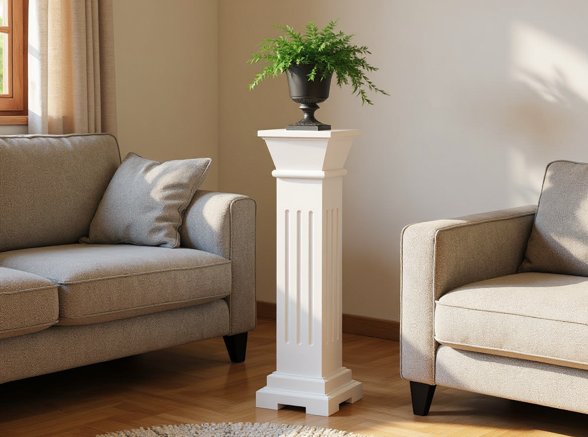 Pflanzenständer Säule 66 cm hoch Weiß aus MDF in der schmalen Lücke zwischen Sofa und Wand