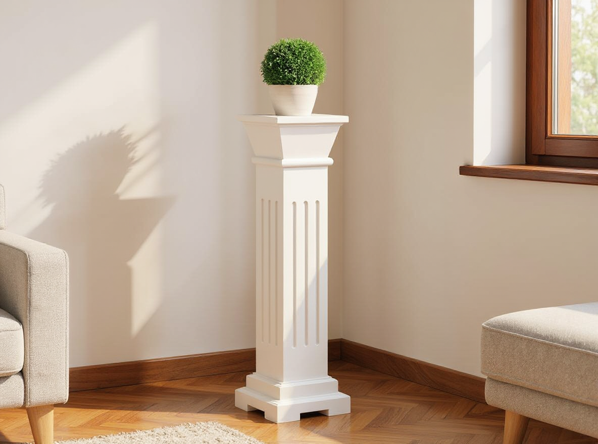 Pflanzenständer Säule 66 cm hoch Weiß aus MDF mit geraden Kanten und weißer Oberfläche am Fenster
