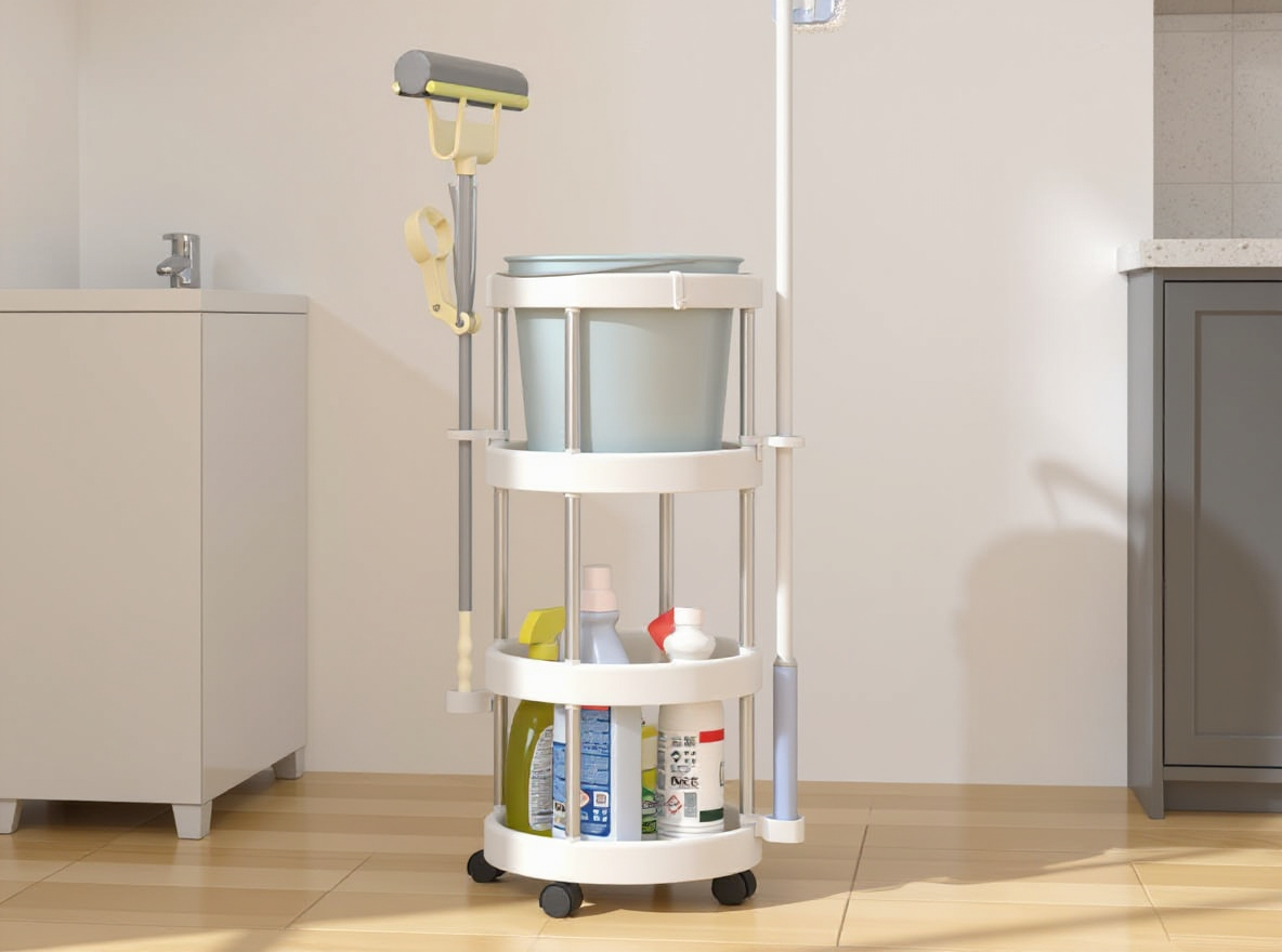 Putzwagen Ø 34 cm aus Aluminium mit Korb, Besen- und Mopphalter in der Abstellkammer