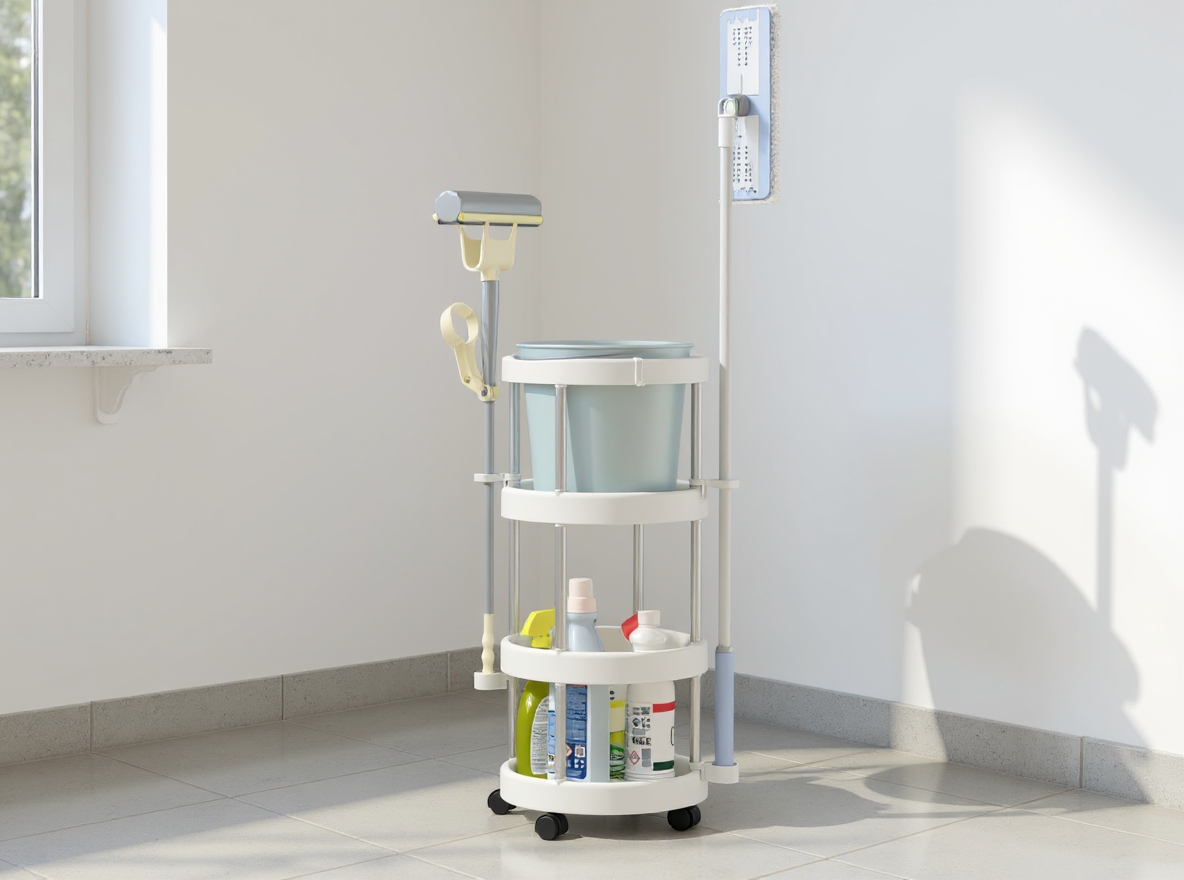 Putzwagen Ø 34 cm aus Aluminium steht platzsparend neben der Waschmaschine