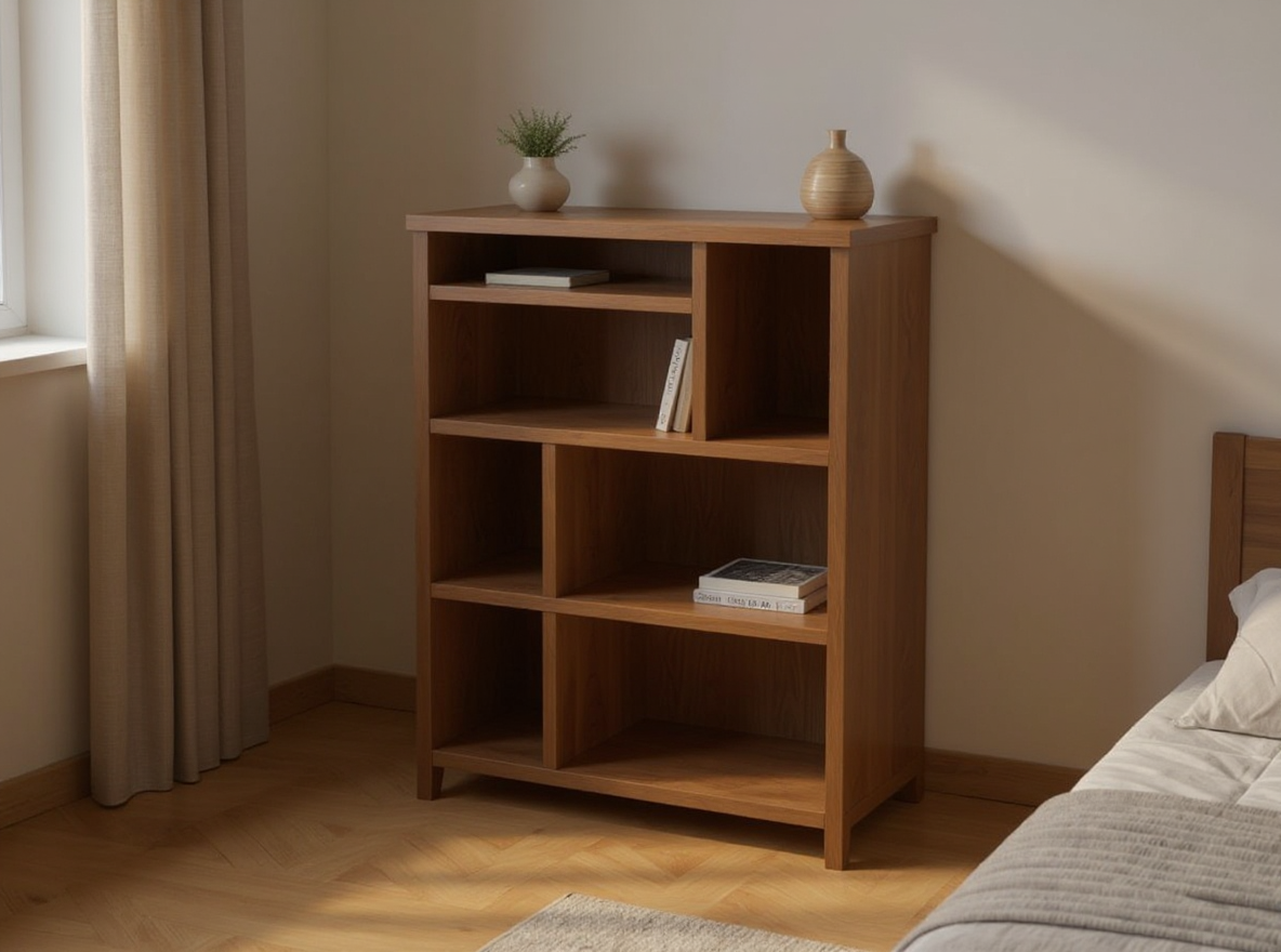 Regal 80 cm breit aus Holzwerkstoff an der Schlafzimmerwand, nur 40 cm tief