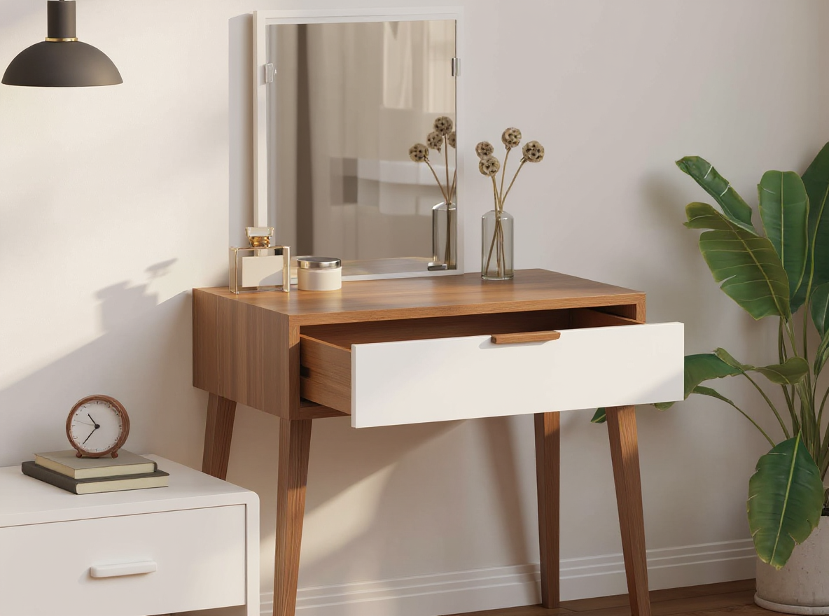 Schminktisch 60 x 40 cm mit geöffneter Schublade und Spiegel im Schlafzimmer