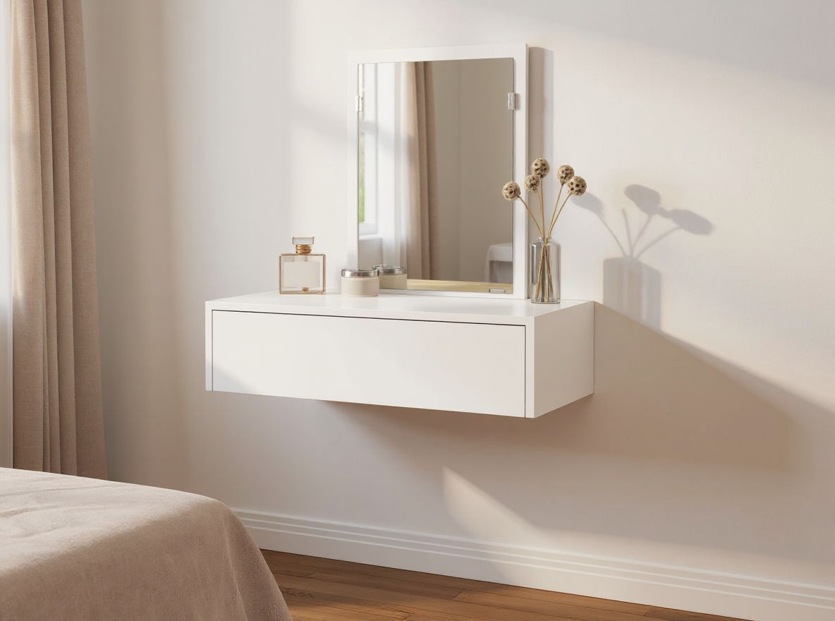 Ruhige klare Linien des Schminktischs 60 x 40 cm mit Spiegel an schlichter Wand