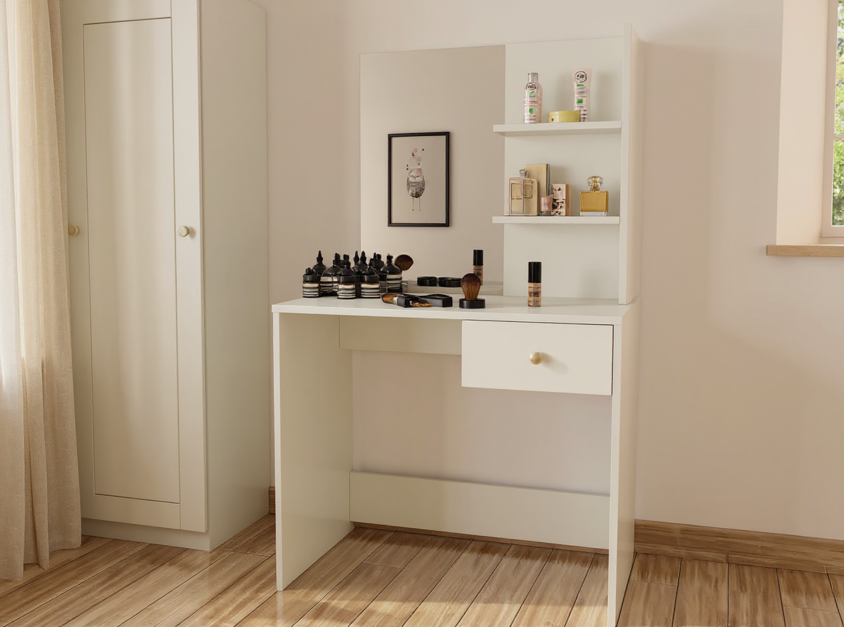 Schminktisch 75 cm breit Mattweiß mit Spiegel an schmaler Schlafzimmerwand, nur 40 cm tief