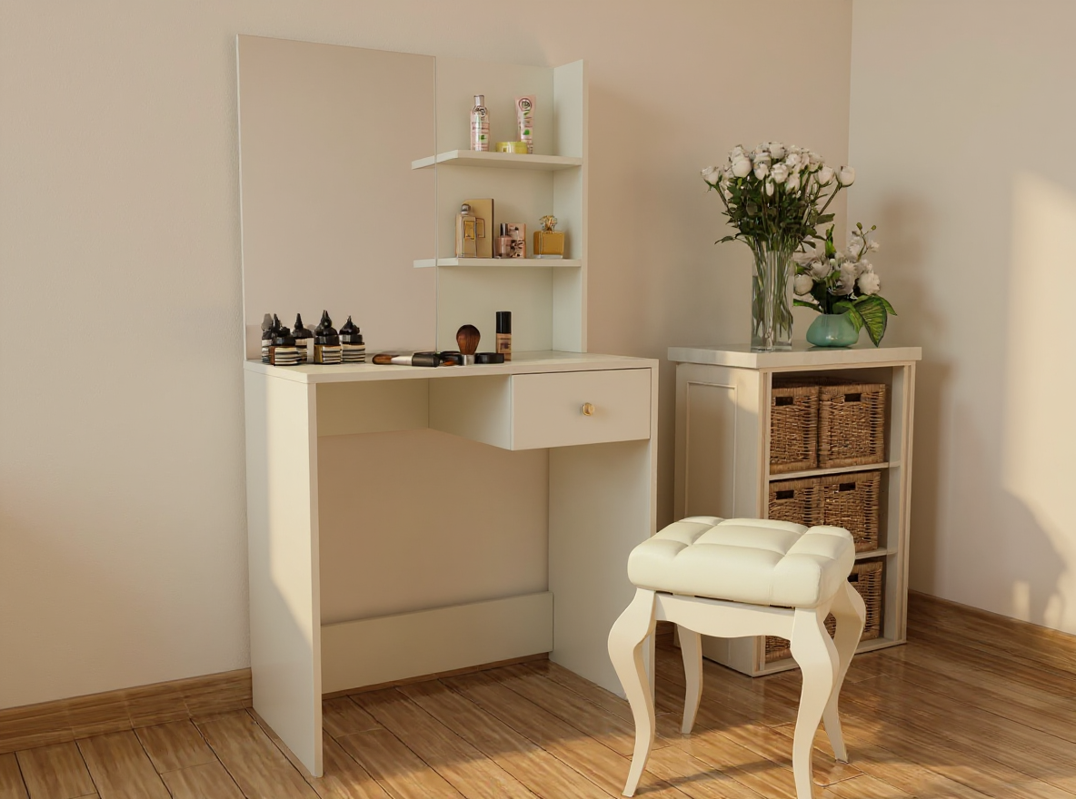 Mattweiße Holzwerkstoff-Flächen mit PVC-Kanten am Schminktisch 75 cm breit