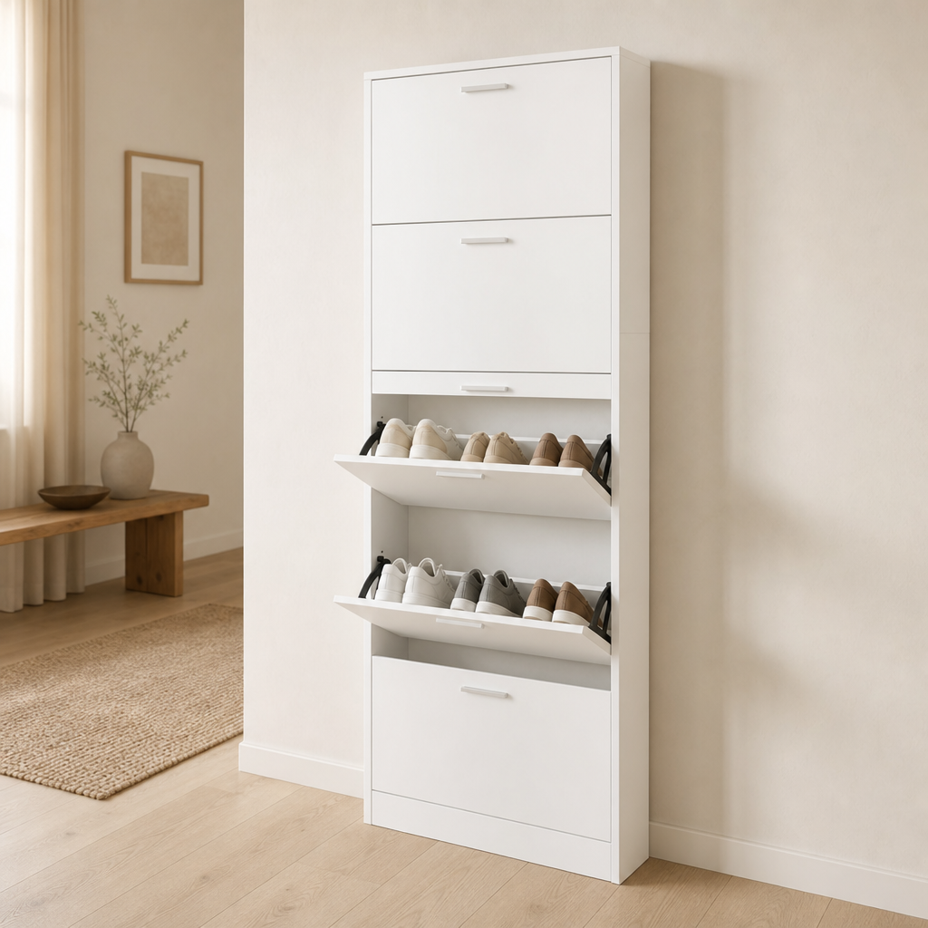 Schuhschrank 59 cm Weiß – Fünf Klappen für 15 Paar
