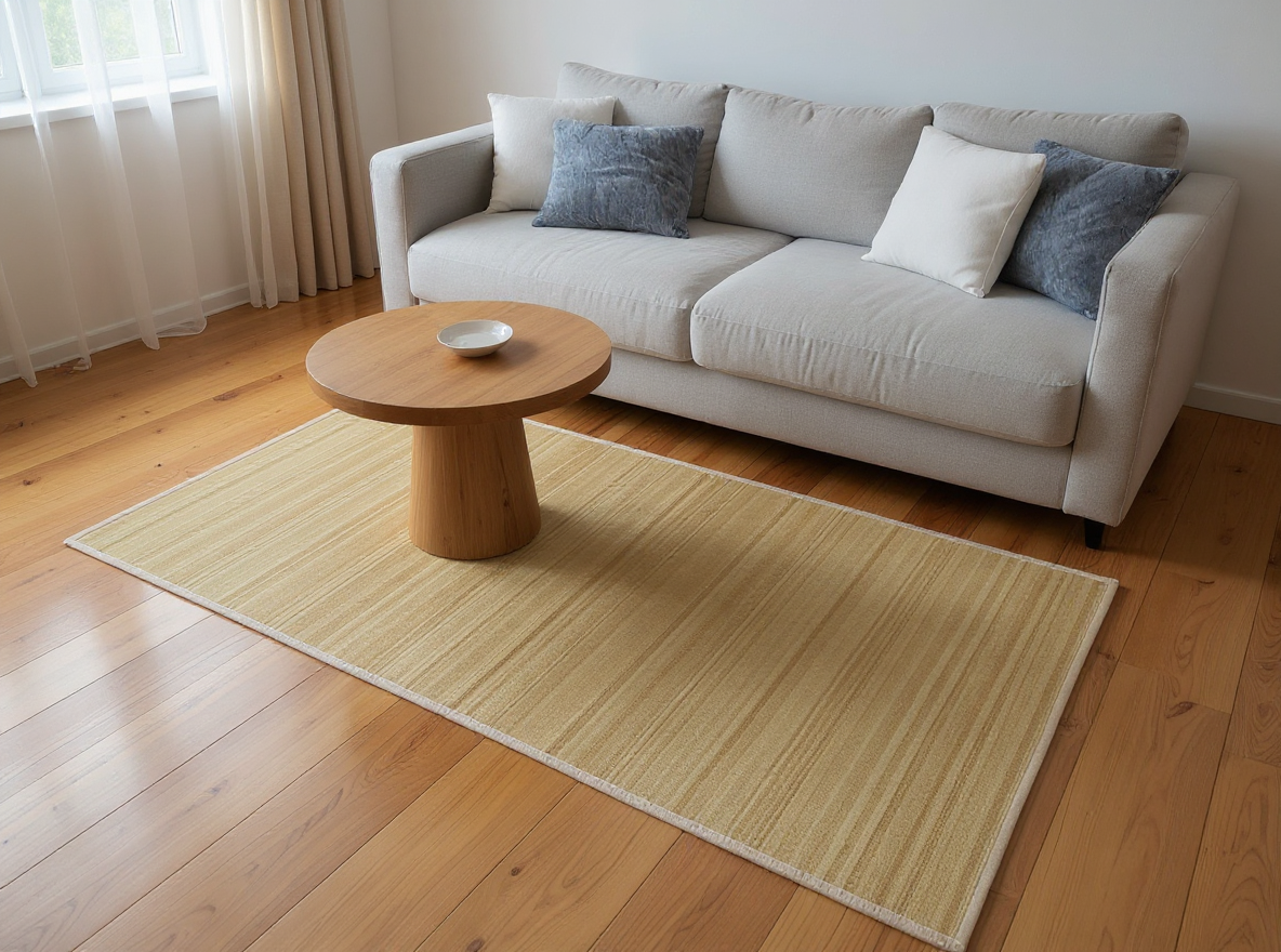Bambusteppich Braun 150 x 200 cm liegt flach im Wohnzimmer unter einem Couchtisch
