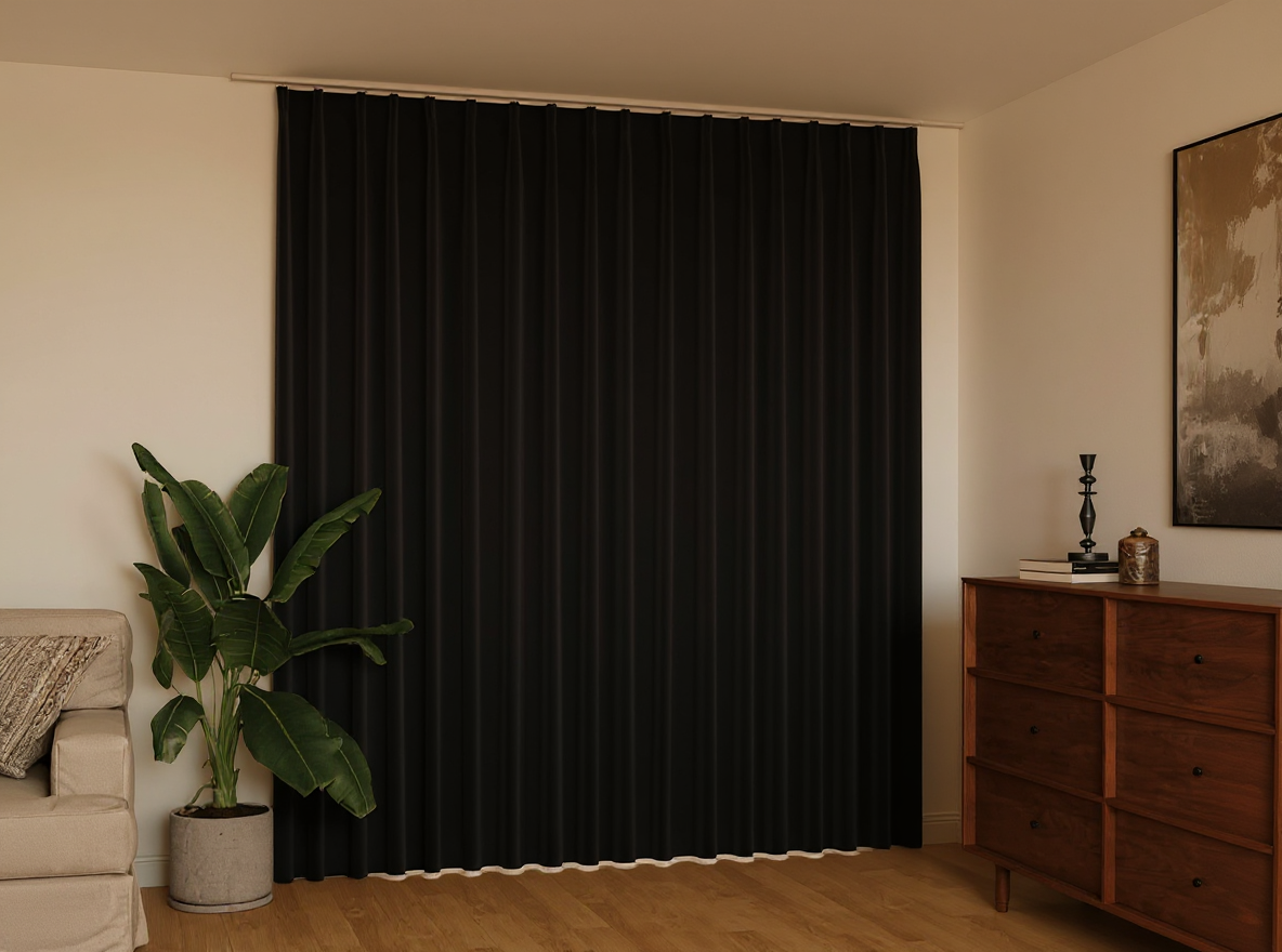 Verdunkelungsvorhang 290 × 245 cm blickdicht geschlossen am Schlafzimmerfenster