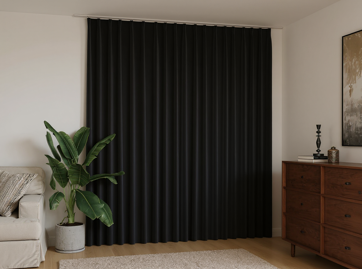 Schlicht gehaltener Verdunkelungsvorhang 290 × 245 cm im zurückhaltend eingerichteten Wohnzimmer